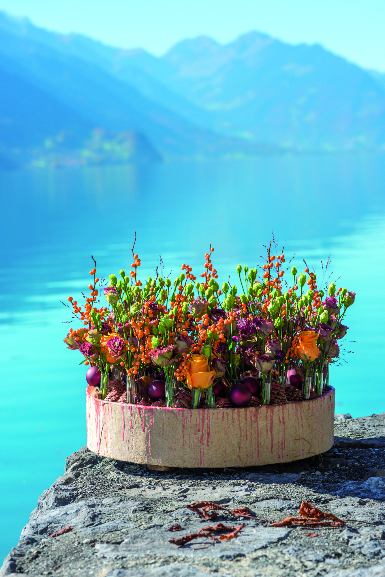 Lisianthus-Eustoma-Flower-Arrangement-Bouquet-Pink-Red-Green-Dark-Deep-Orange-Brown-Mountain-Lake